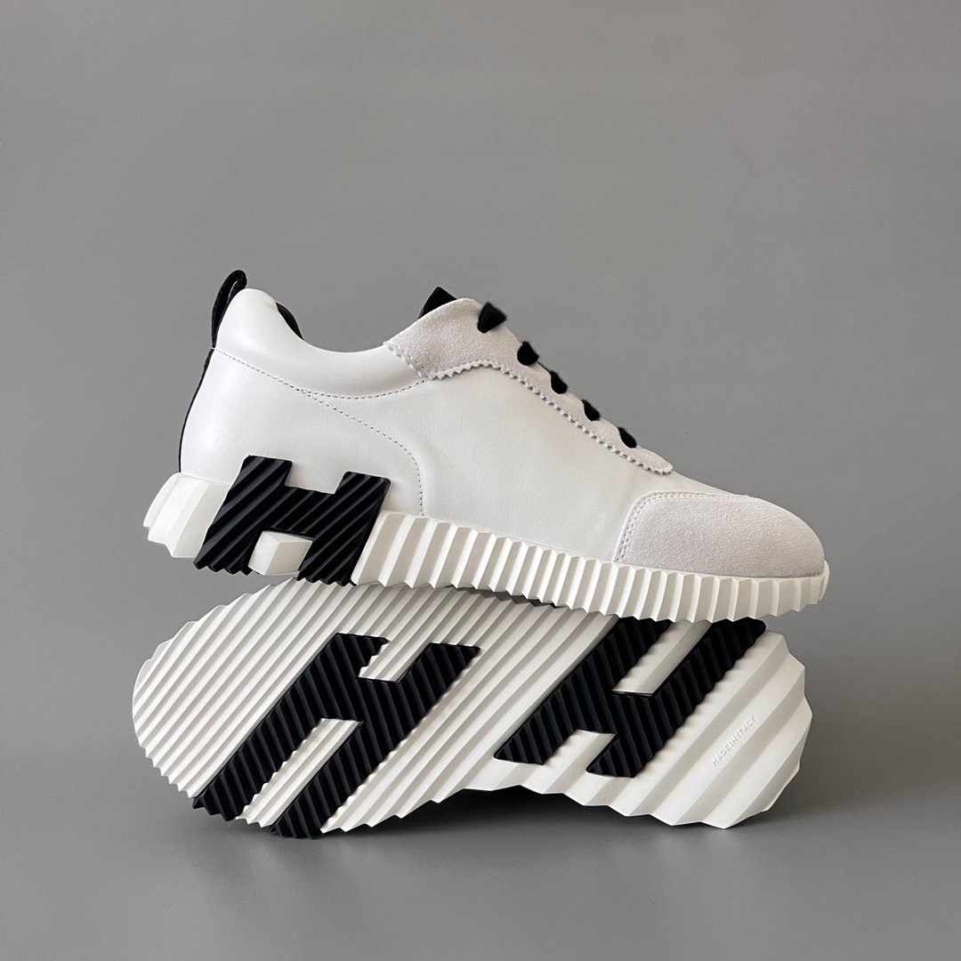 AuroraCustom Hermès Bouncing Series Leather & Suede Leisure Trainers (Optic White, Light Grey Suede & Stealth Black Edition) - Image 6