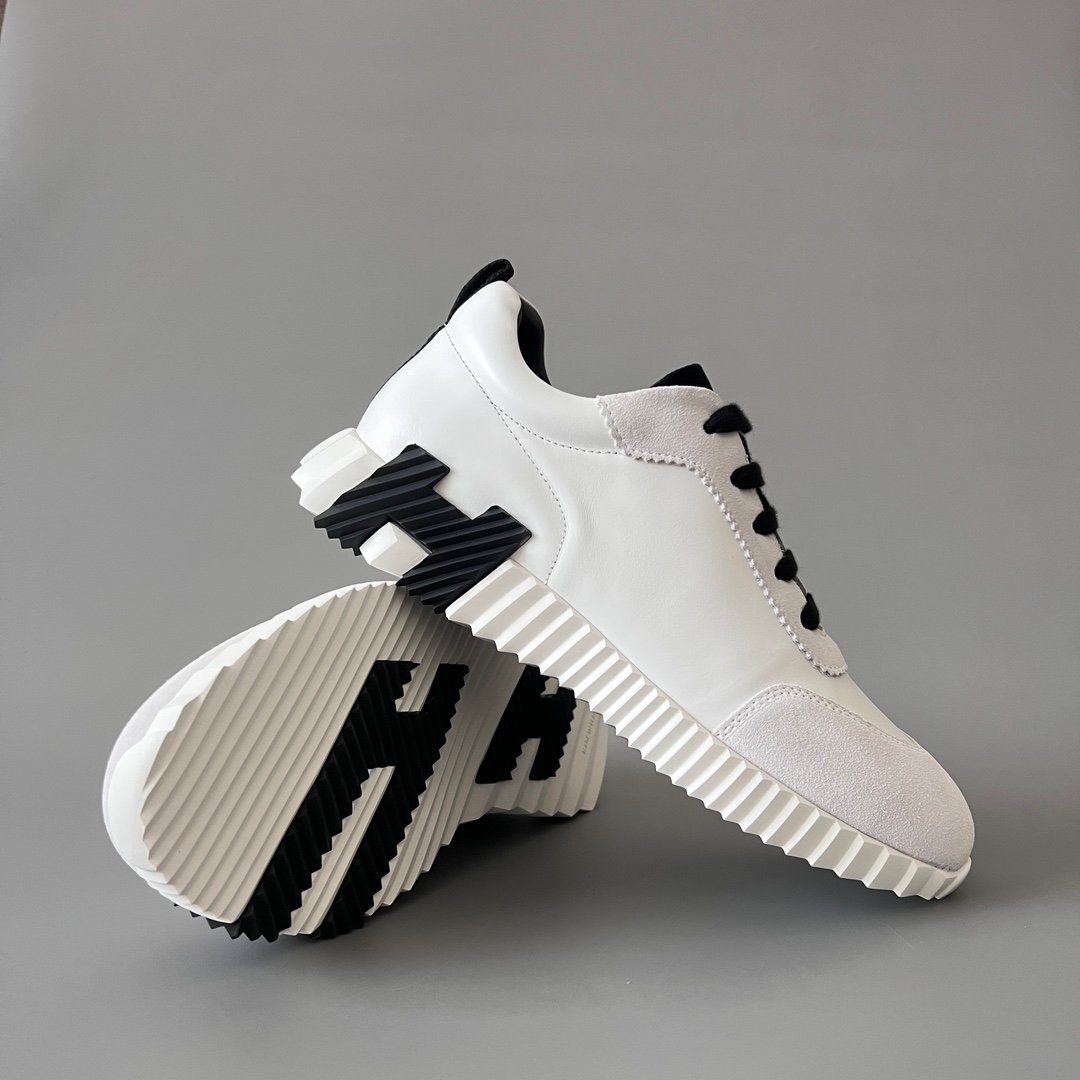 AuroraCustom Hermès Bouncing Series Leather & Suede Leisure Trainers (Optic White, Light Grey Suede & Stealth Black Edition) - Image 7