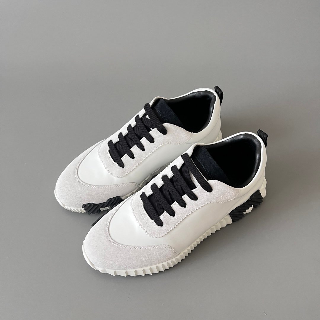 AuroraCustom Hermès Bouncing Series Leather & Suede Leisure Trainers (Optic White, Light Grey Suede & Stealth Black Edition) - Image 8