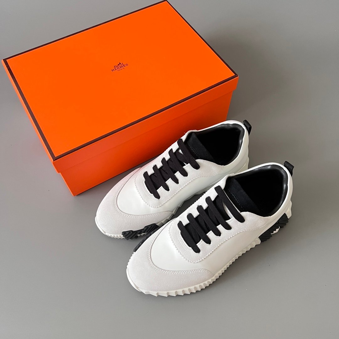 AuroraCustom Hermès Bouncing Series Leather & Suede Leisure Trainers (Optic White, Light Grey Suede & Stealth Black Edition) - Image 9