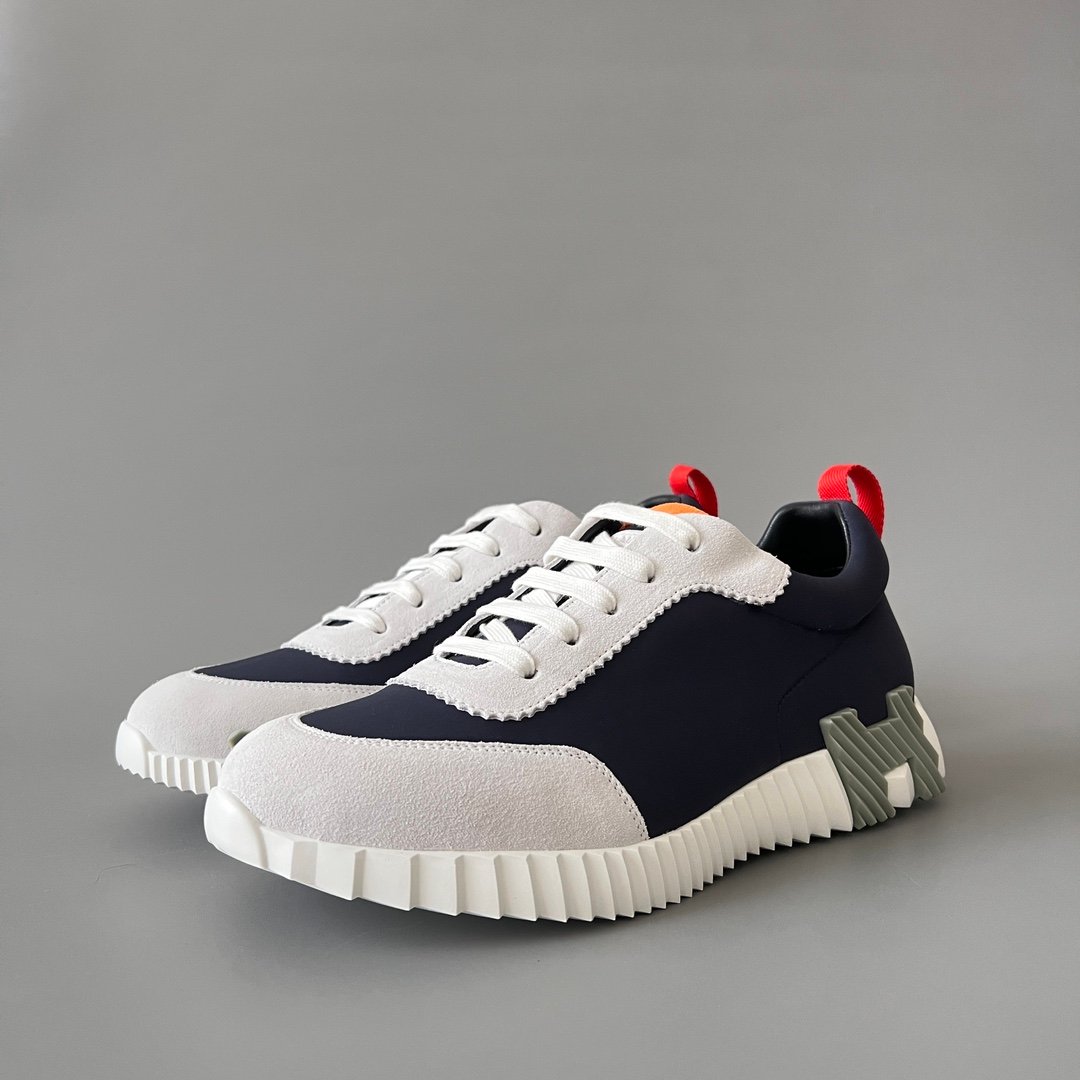 AuroraCustom Hermès Bouncing Series Leather & Suede Leisure Trainers (Marine Navy, Slate Suede & Signal Orange Edition)