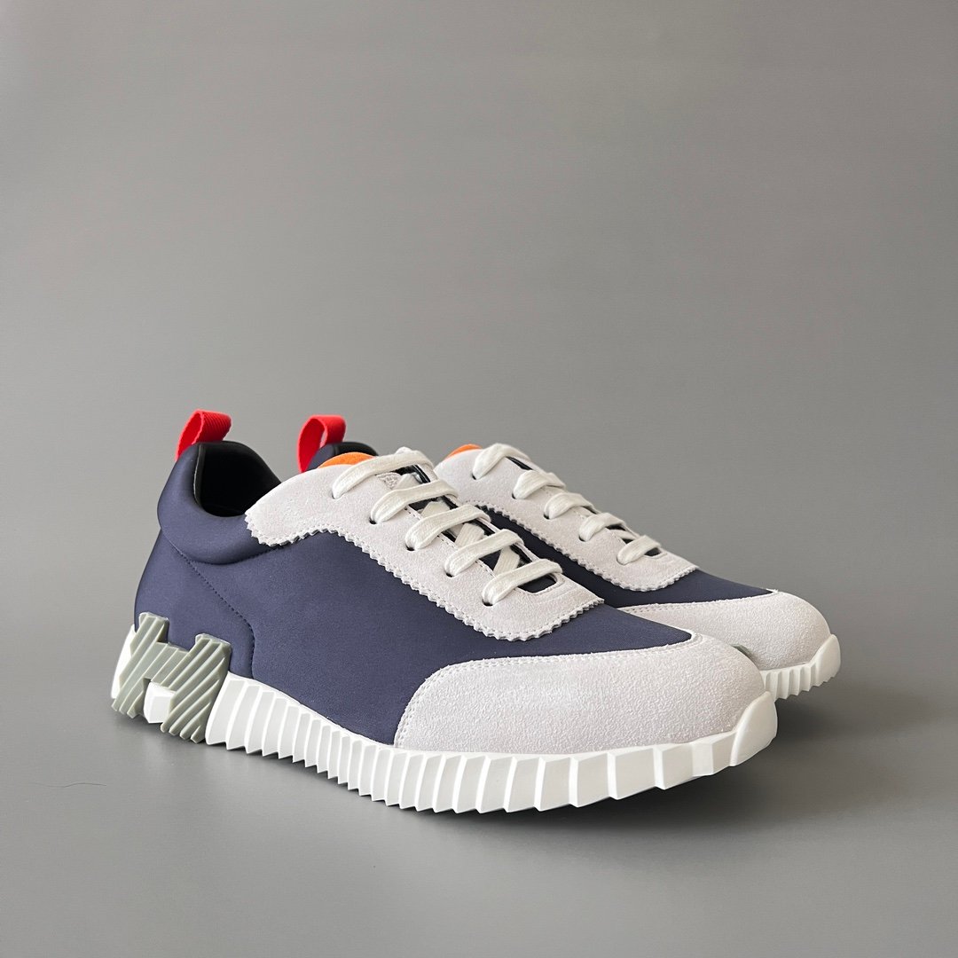 AuroraCustom Hermès Bouncing Series Leather & Suede Leisure Trainers (Marine Navy, Slate Suede & Signal Orange Edition) - Image 3