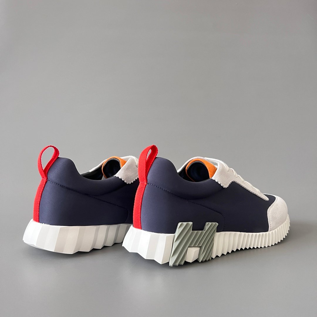 AuroraCustom Hermès Bouncing Series Leather & Suede Leisure Trainers (Marine Navy, Slate Suede & Signal Orange Edition) - Image 4