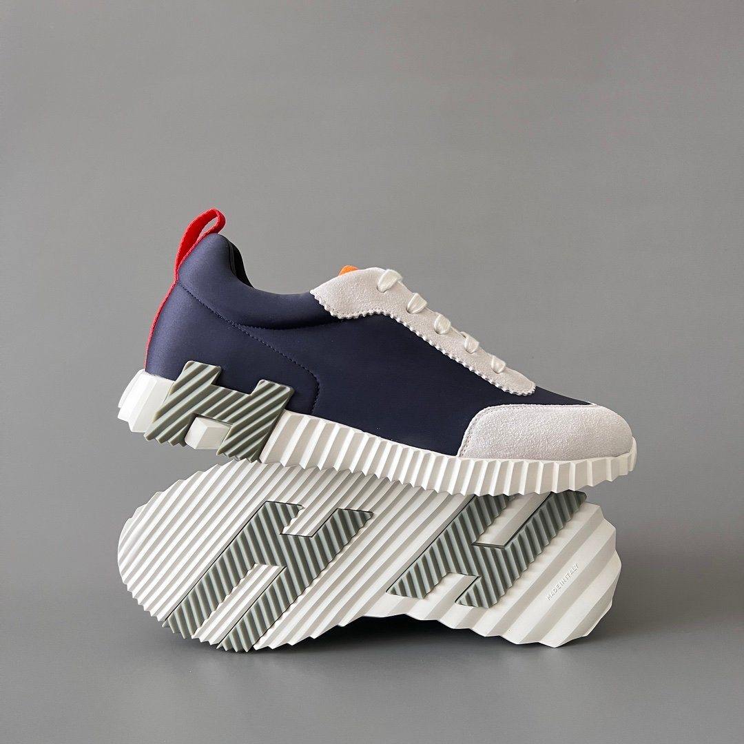AuroraCustom Hermès Bouncing Series Leather & Suede Leisure Trainers (Marine Navy, Slate Suede & Signal Orange Edition) - Image 6