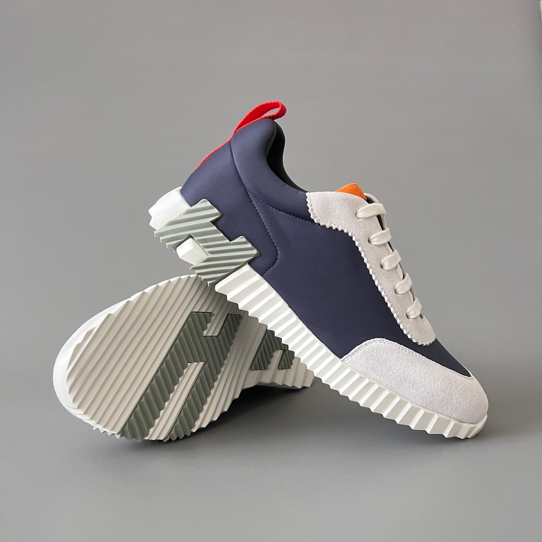 AuroraCustom Hermès Bouncing Series Leather & Suede Leisure Trainers (Marine Navy, Slate Suede & Signal Orange Edition) - Image 7
