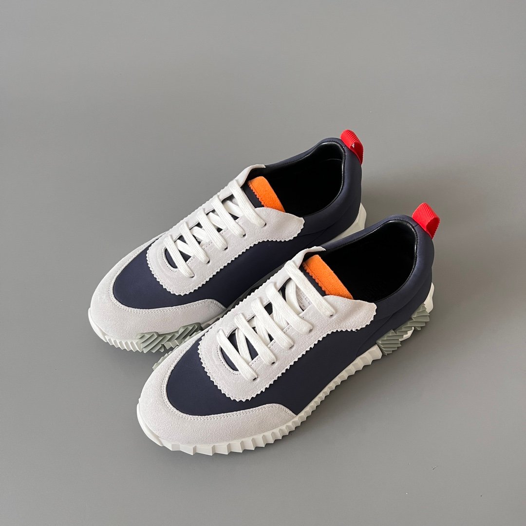 AuroraCustom Hermès Bouncing Series Leather & Suede Leisure Trainers (Marine Navy, Slate Suede & Signal Orange Edition) - Image 8