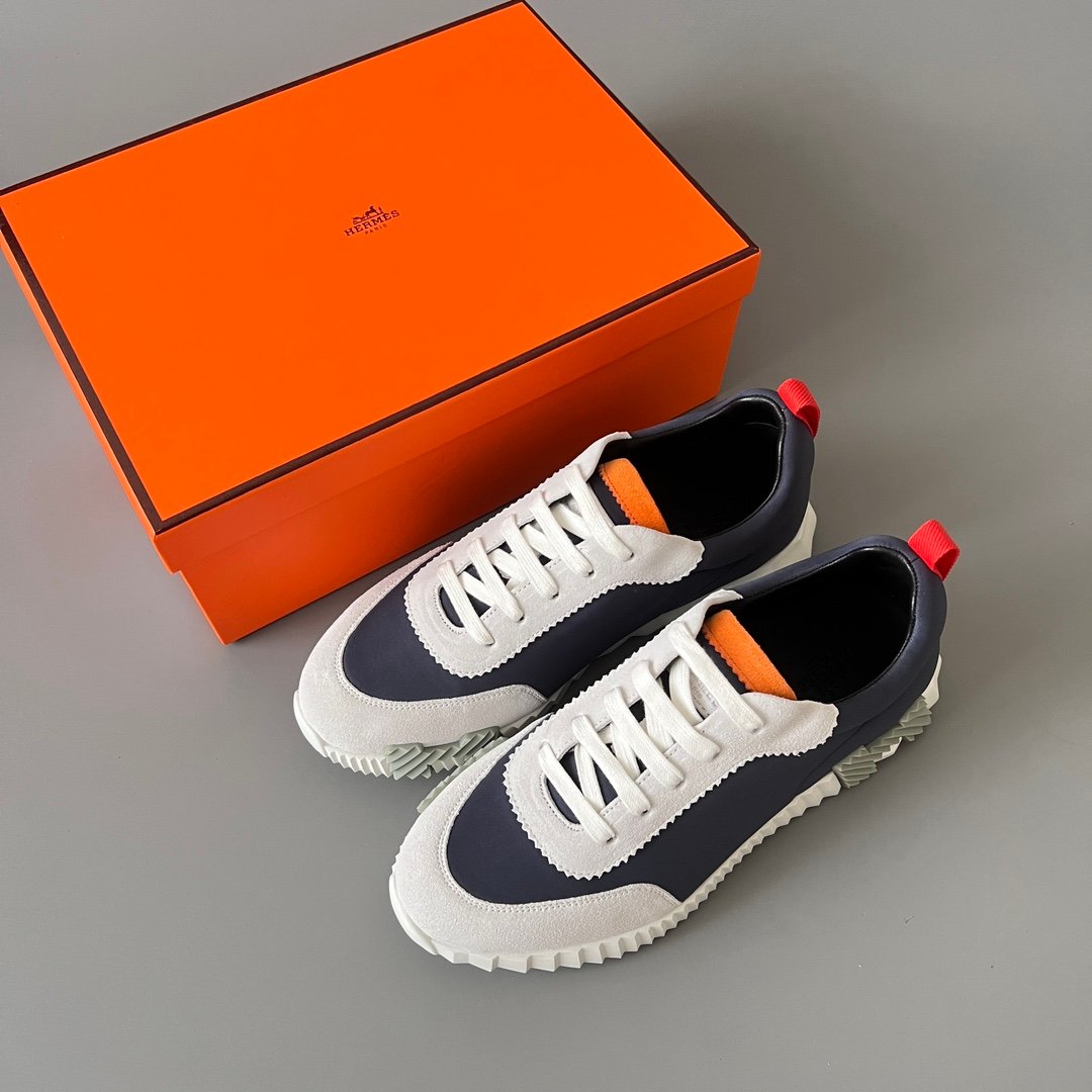 AuroraCustom Hermès Bouncing Series Leather & Suede Leisure Trainers (Marine Navy, Slate Suede & Signal Orange Edition) - Image 9