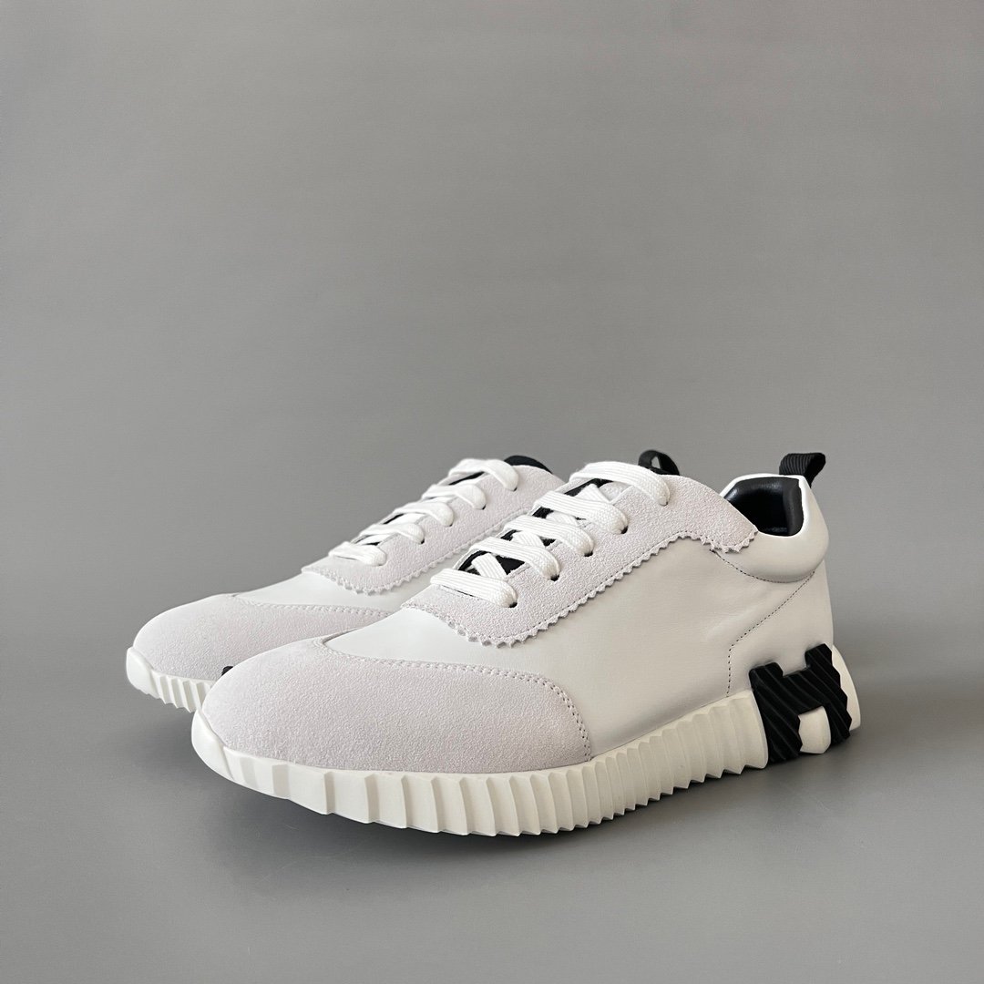 AuroraCustom Hermès Bouncing Series Leather & Suede Leisure Trainers (Pristine White & Stealth Black Edition)