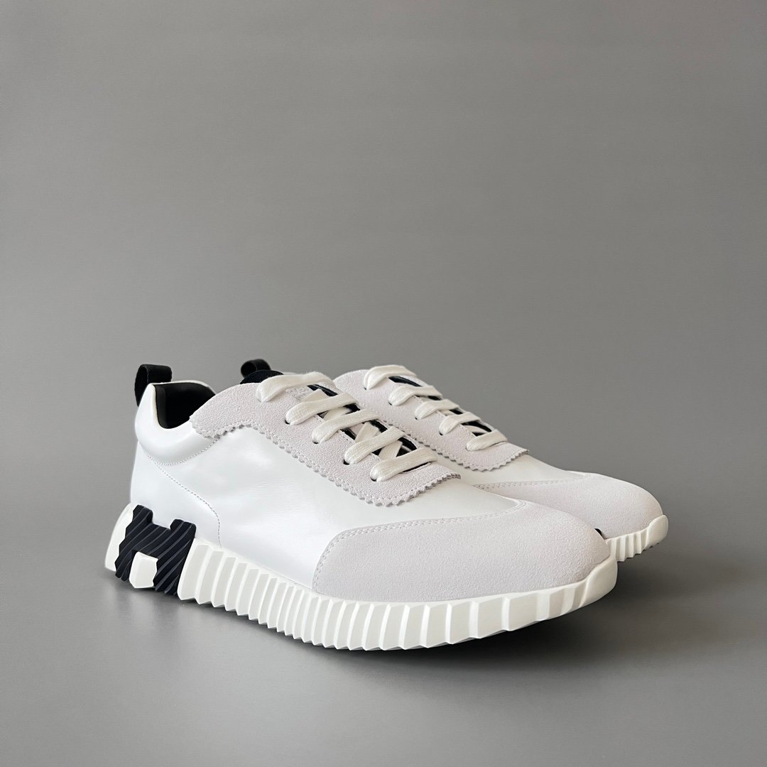 AuroraCustom Hermès Bouncing Series Leather & Suede Leisure Trainers (Pristine White & Stealth Black Edition) - Image 3