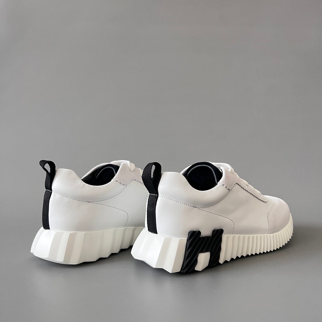 AuroraCustom Hermès Bouncing Series Leather & Suede Leisure Trainers (Pristine White & Stealth Black Edition) - Image 4