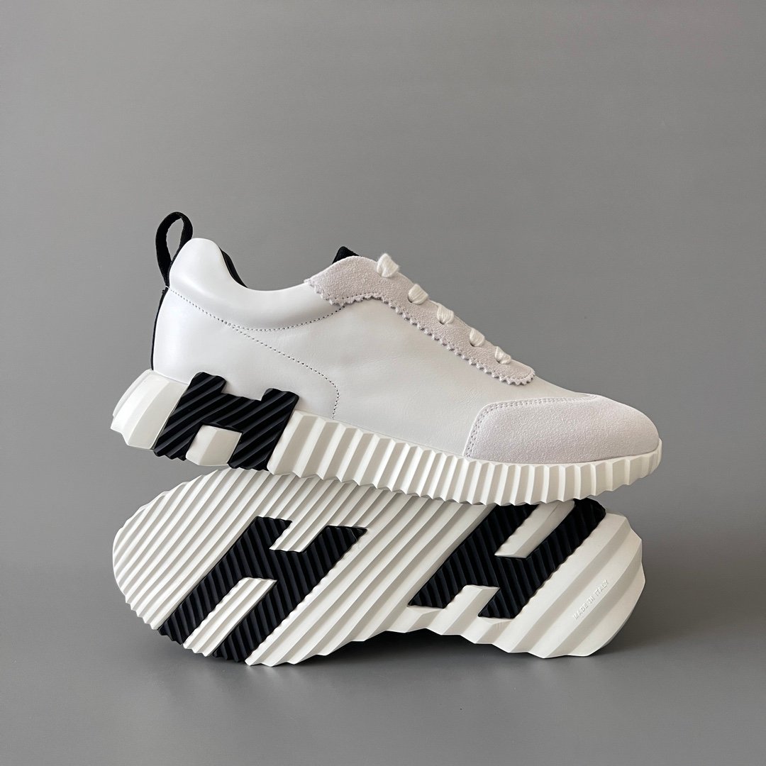 AuroraCustom Hermès Bouncing Series Leather & Suede Leisure Trainers (Pristine White & Stealth Black Edition) - Image 6