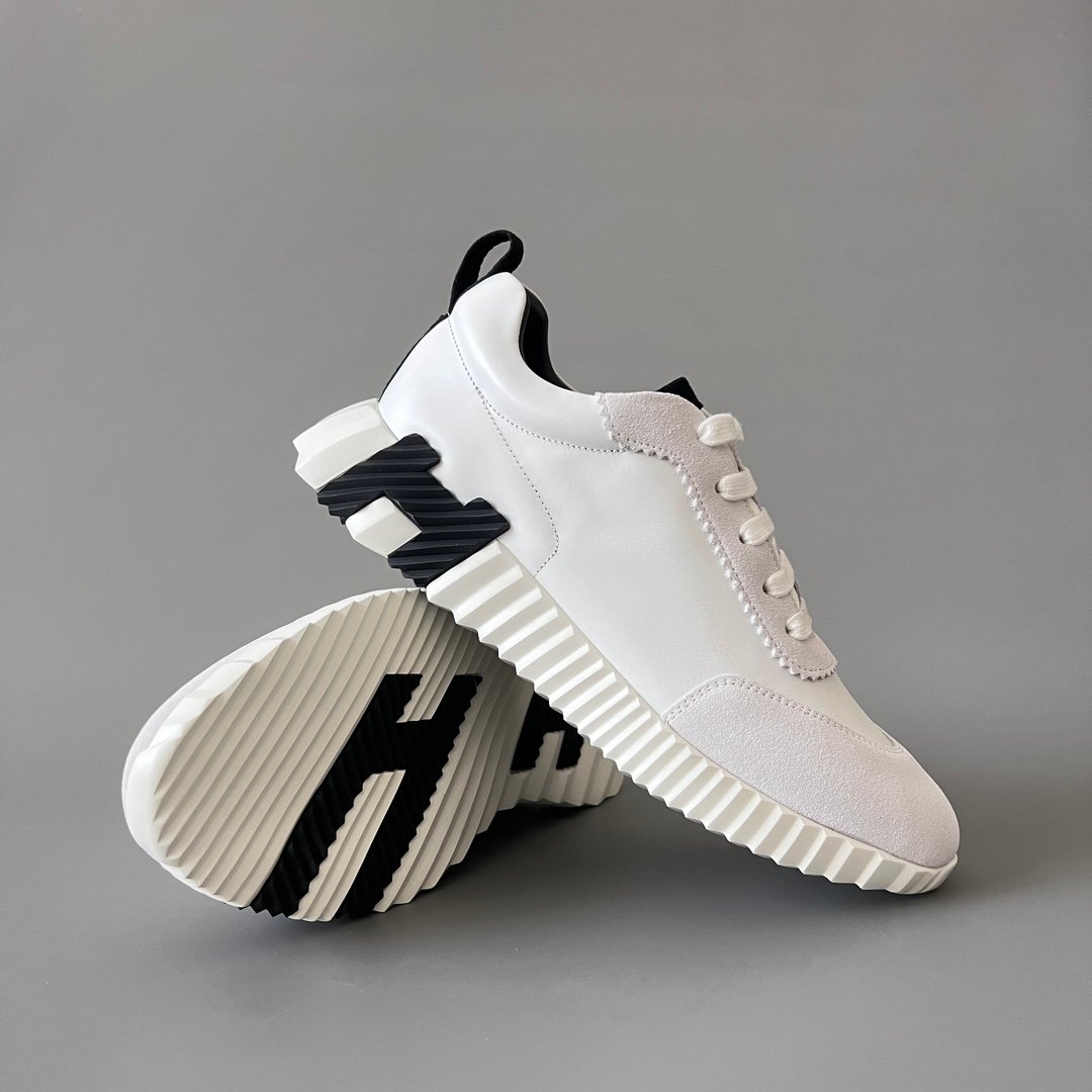 AuroraCustom Hermès Bouncing Series Leather & Suede Leisure Trainers (Pristine White & Stealth Black Edition) - Image 7