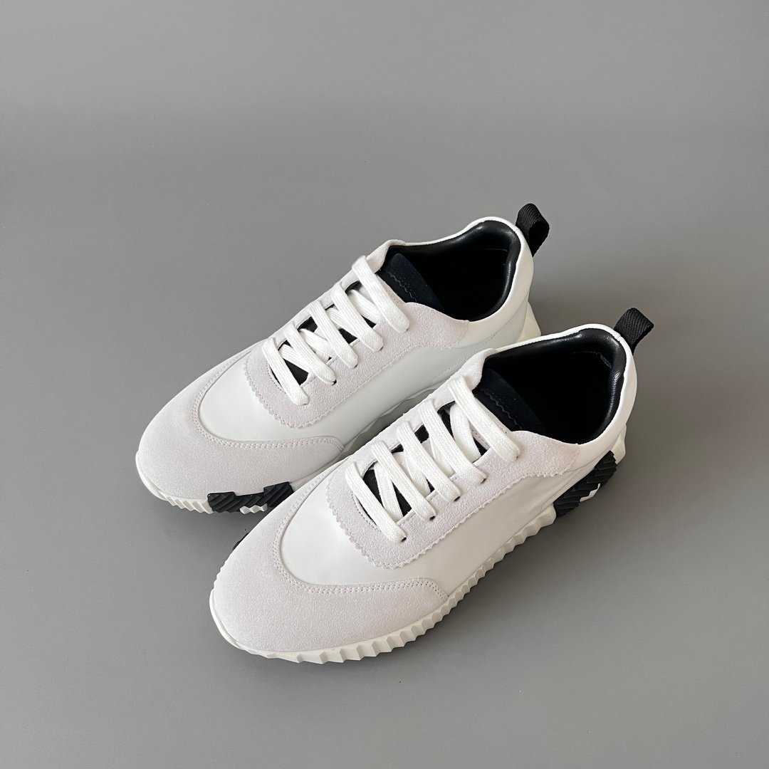 AuroraCustom Hermès Bouncing Series Leather & Suede Leisure Trainers (Pristine White & Stealth Black Edition) - Image 8