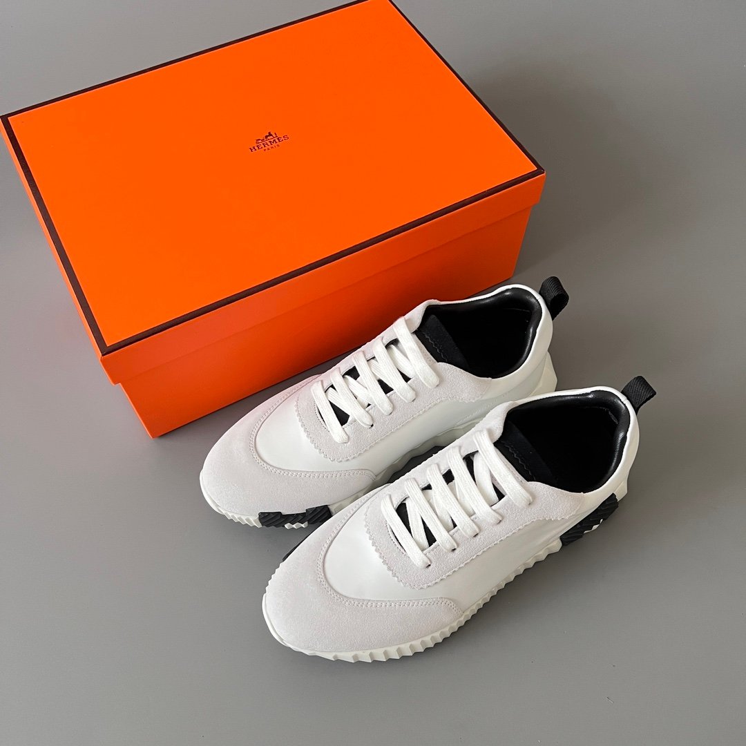 AuroraCustom Hermès Bouncing Series Leather & Suede Leisure Trainers (Pristine White & Stealth Black Edition) - Image 9