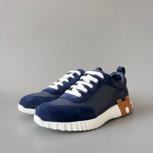 AuroraCustom Hermès Bouncing Series Leather & Suede Leisure Trainers (Marine Navy & Caramel Brown Edition)