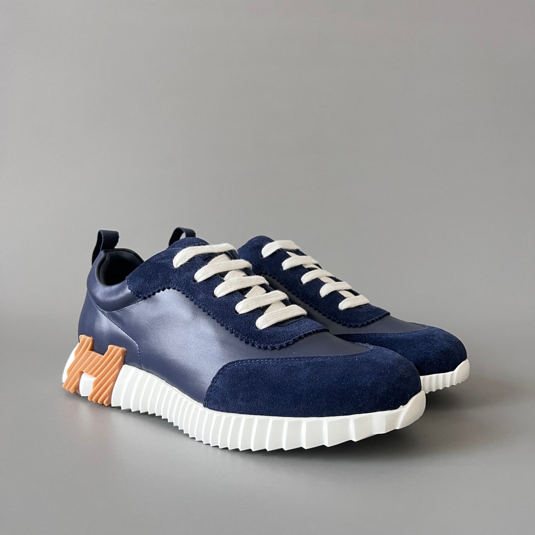 AuroraCustom Hermès Bouncing Series Leather & Suede Leisure Trainers (Marine Navy & Caramel Brown Edition) - Image 3