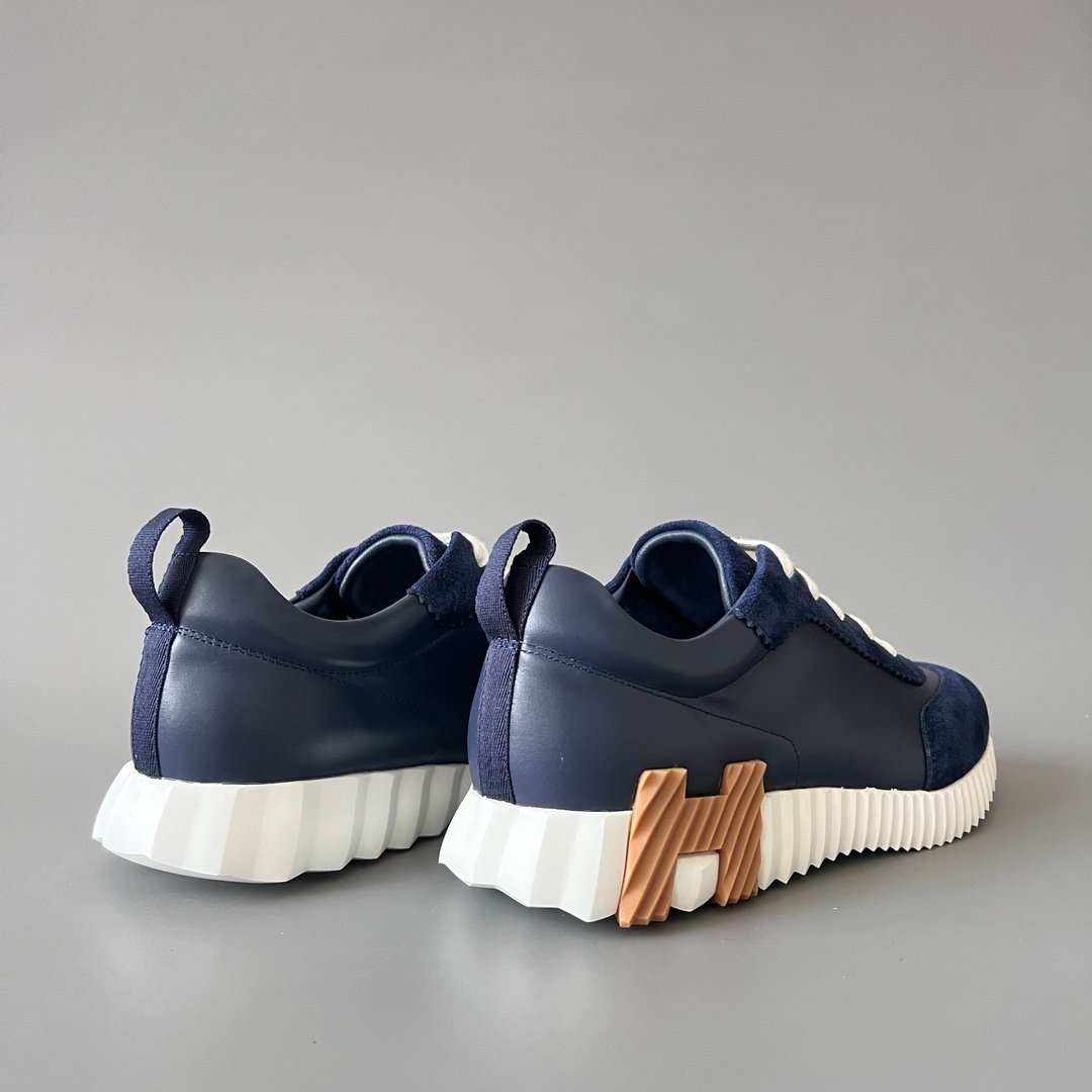 AuroraCustom Hermès Bouncing Series Leather & Suede Leisure Trainers (Marine Navy & Caramel Brown Edition) - Image 4