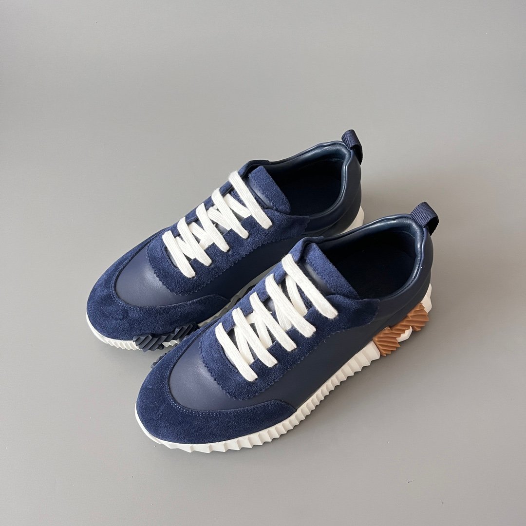 AuroraCustom Hermès Bouncing Series Leather & Suede Leisure Trainers (Marine Navy & Caramel Brown Edition) - Image 8