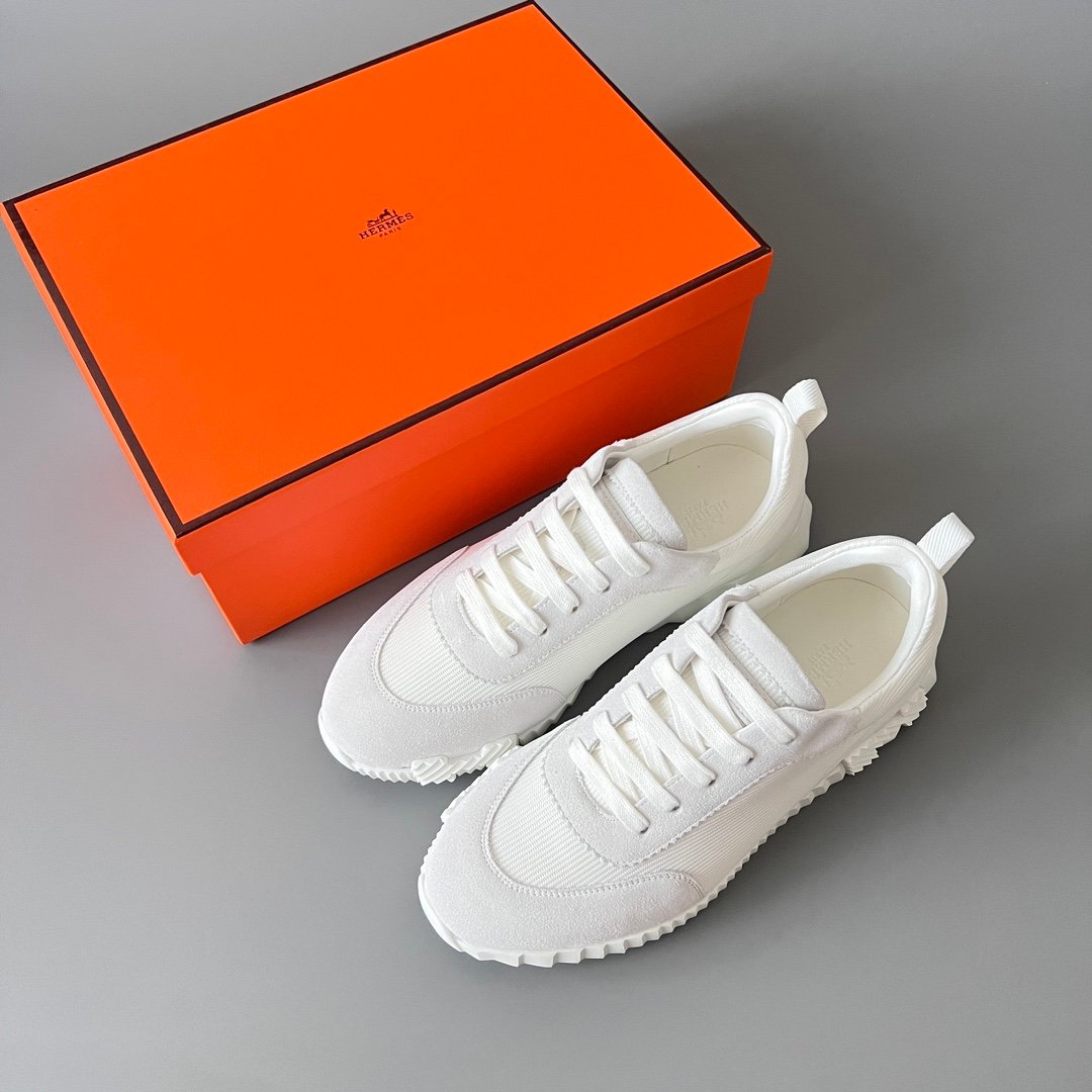 AuroraCustom Hermès Bouncing Series Leather & Technical Canvas Leisure Trainers (Triple Pristine White Suede Edition) - Image 9