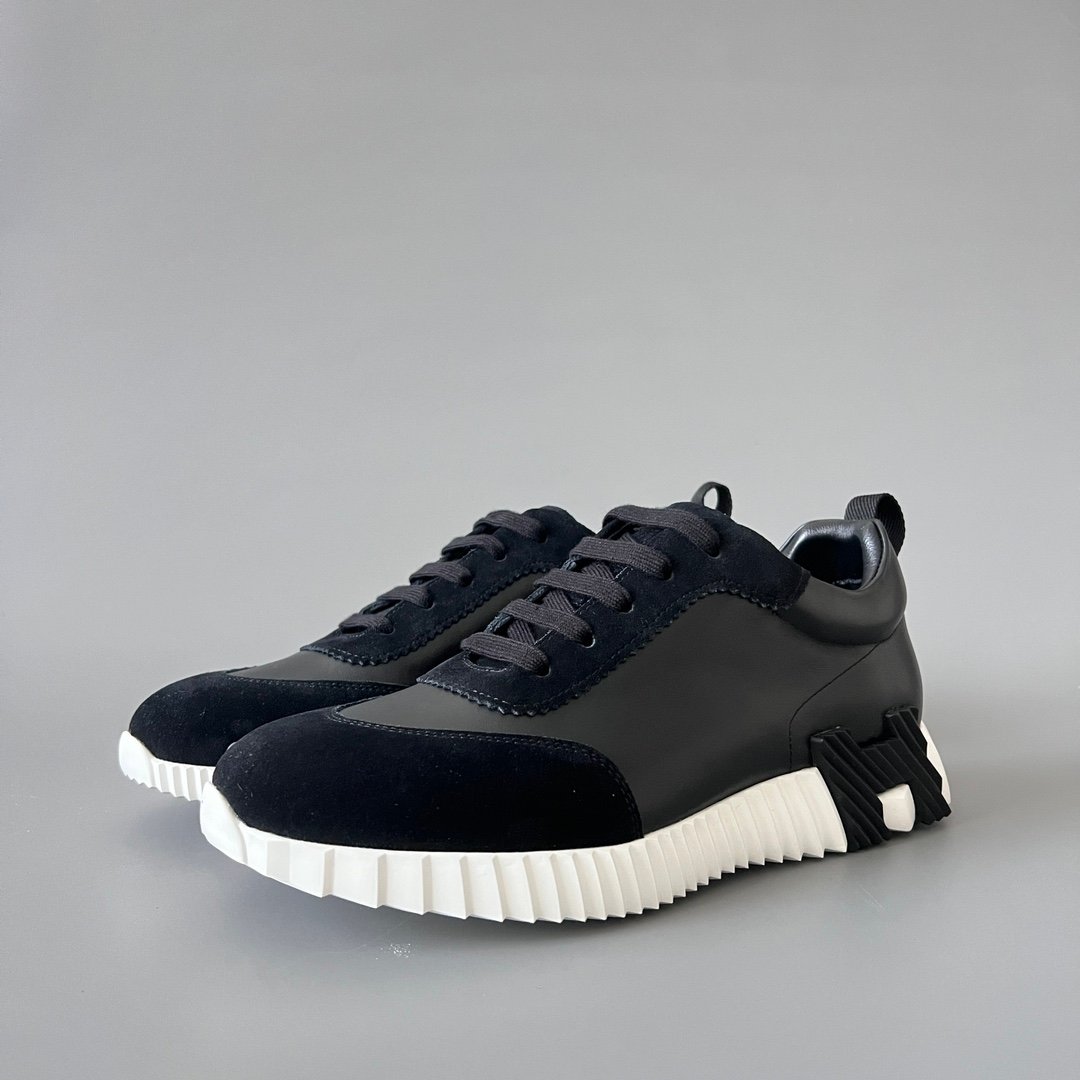 AuroraCustom Hermès Bouncing Series Leather & Suede Leisure Trainers (Stealth Black, Noir Leather & Alabaster Outsole Edition)
