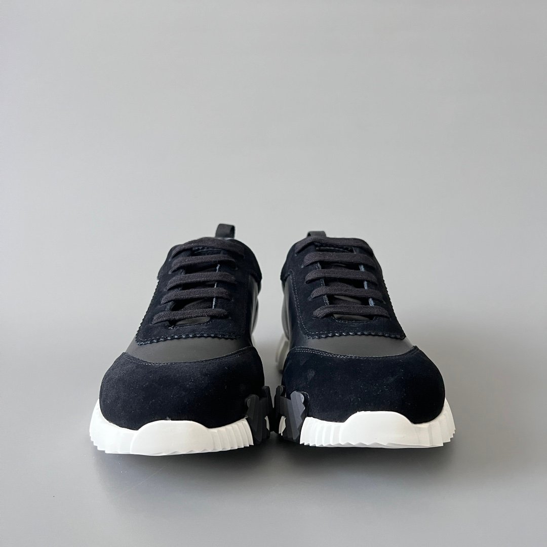 AuroraCustom Hermès Bouncing Series Leather & Suede Leisure Trainers (Stealth Black, Noir Leather & Alabaster Outsole Edition) - Image 2