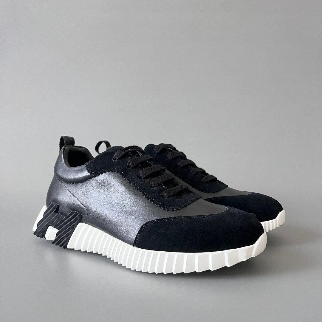 AuroraCustom Hermès Bouncing Series Leather & Suede Leisure Trainers (Stealth Black, Noir Leather & Alabaster Outsole Edition) - Image 3