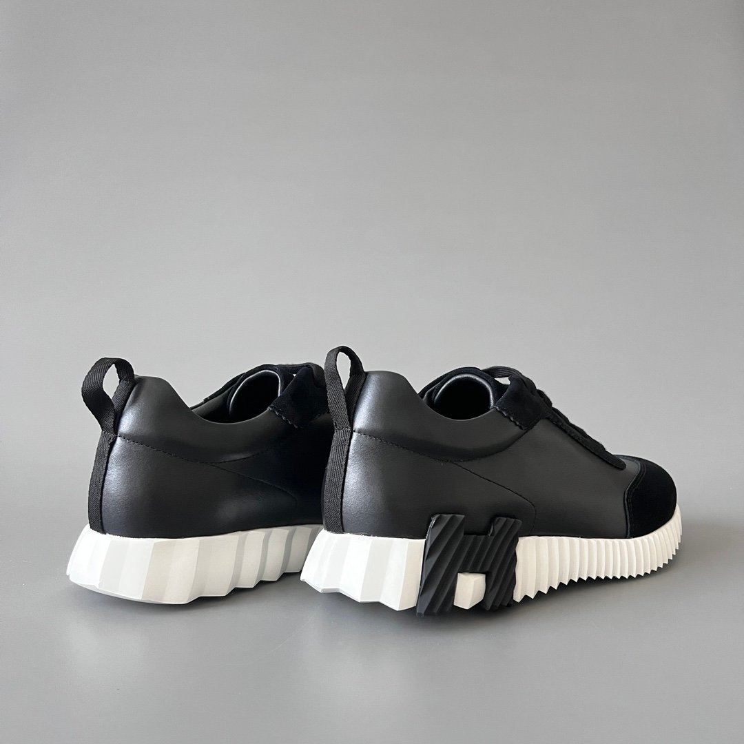 AuroraCustom Hermès Bouncing Series Leather & Suede Leisure Trainers (Stealth Black, Noir Leather & Alabaster Outsole Edition) - Image 4