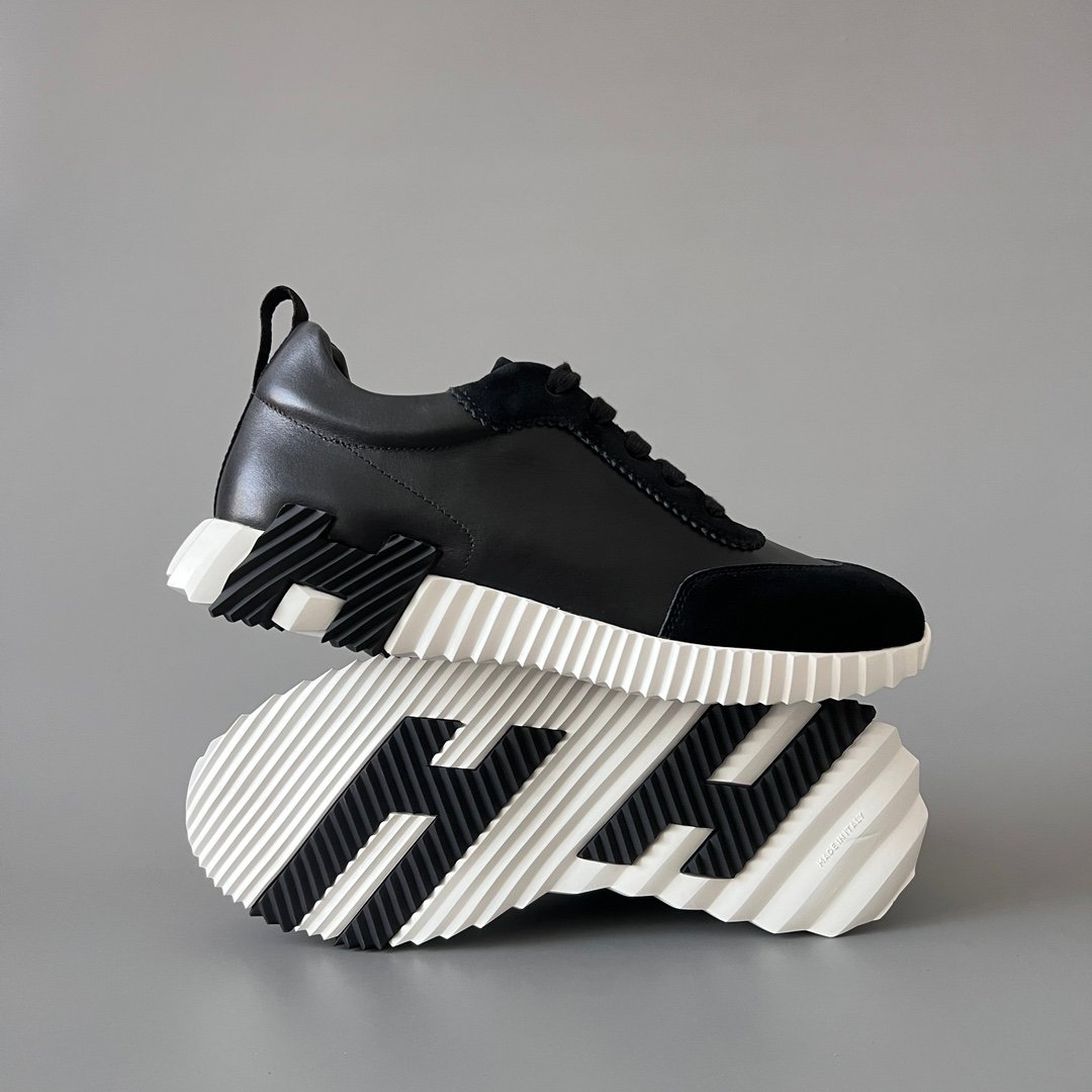 AuroraCustom Hermès Bouncing Series Leather & Suede Leisure Trainers (Stealth Black, Noir Leather & Alabaster Outsole Edition) - Image 6