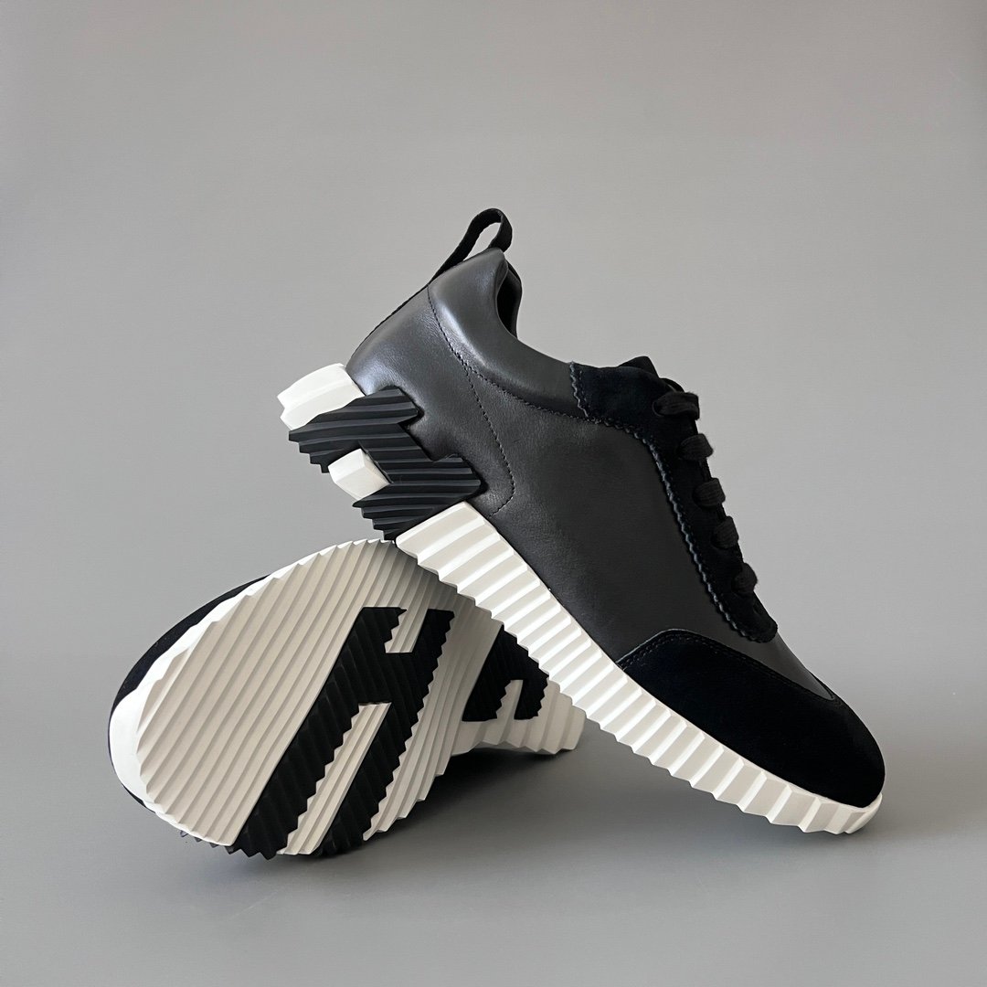 AuroraCustom Hermès Bouncing Series Leather & Suede Leisure Trainers (Stealth Black, Noir Leather & Alabaster Outsole Edition) - Image 7