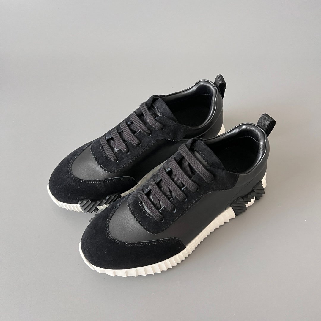 AuroraCustom Hermès Bouncing Series Leather & Suede Leisure Trainers (Stealth Black, Noir Leather & Alabaster Outsole Edition) - Image 8