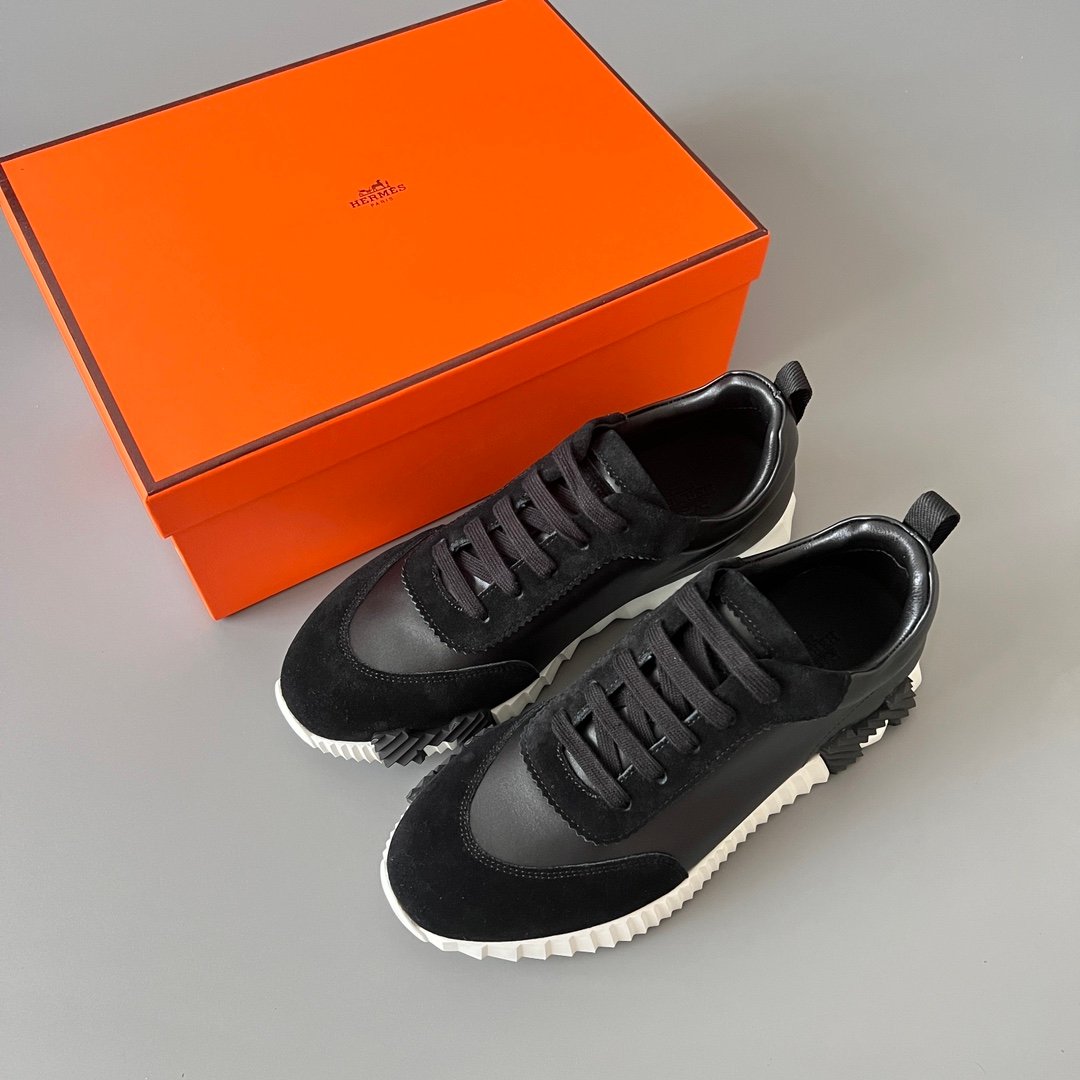 AuroraCustom Hermès Bouncing Series Leather & Suede Leisure Trainers (Stealth Black, Noir Leather & Alabaster Outsole Edition) - Image 9