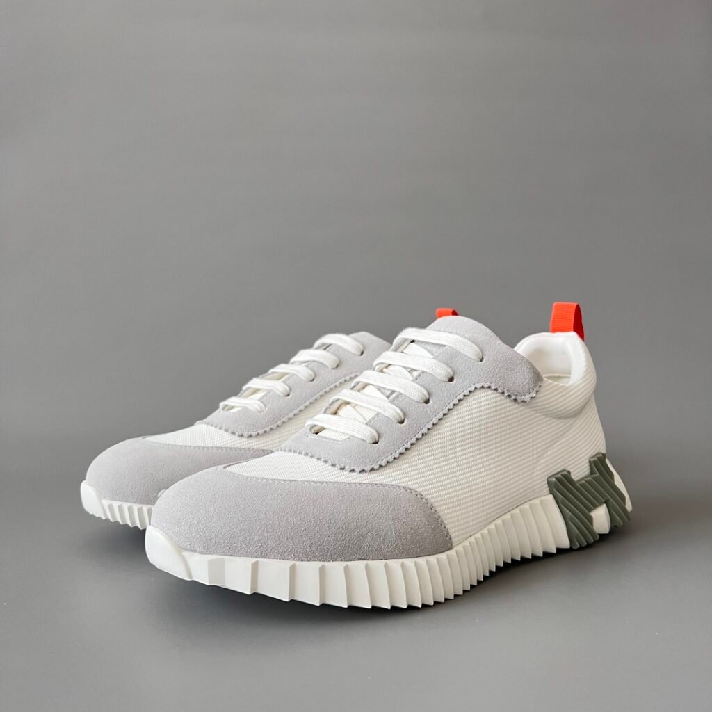 AuroraCustom Hermès Bouncing Series Leather & Technical Canvas Leisure Trainers (Slate Grey & Signal Orange Edition)