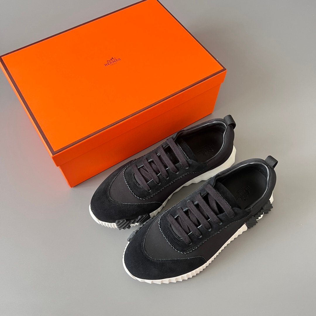 AuroraCustom Hermès Bouncing Series Leather & Technical Canvas Leisure Trainers (Stealth Black & Shadow Suede Edition) - Image 9