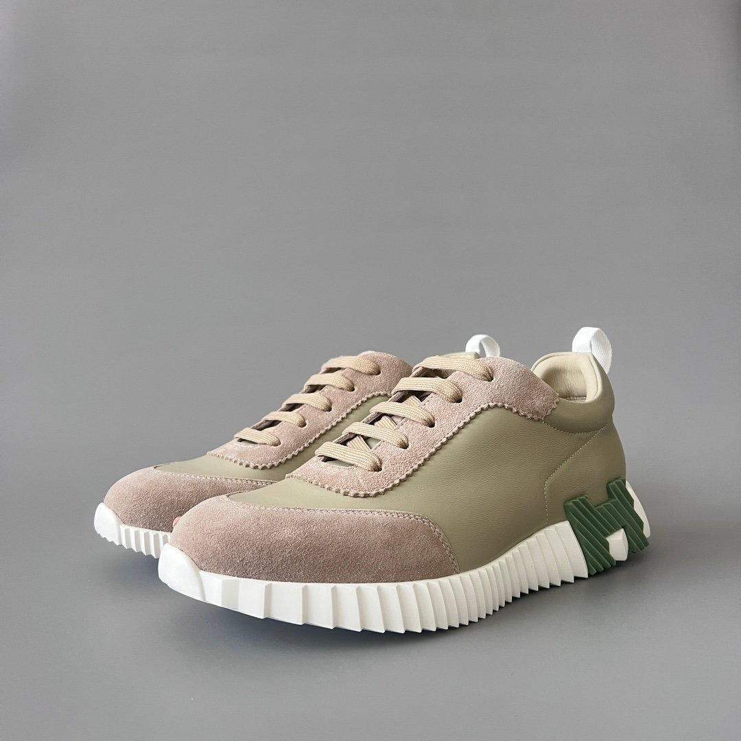 AuroraCustom Hermès Bouncing Series Leather & Technical Canvas Leisure Trainers (Sage Green & Taupe Suede Edition)