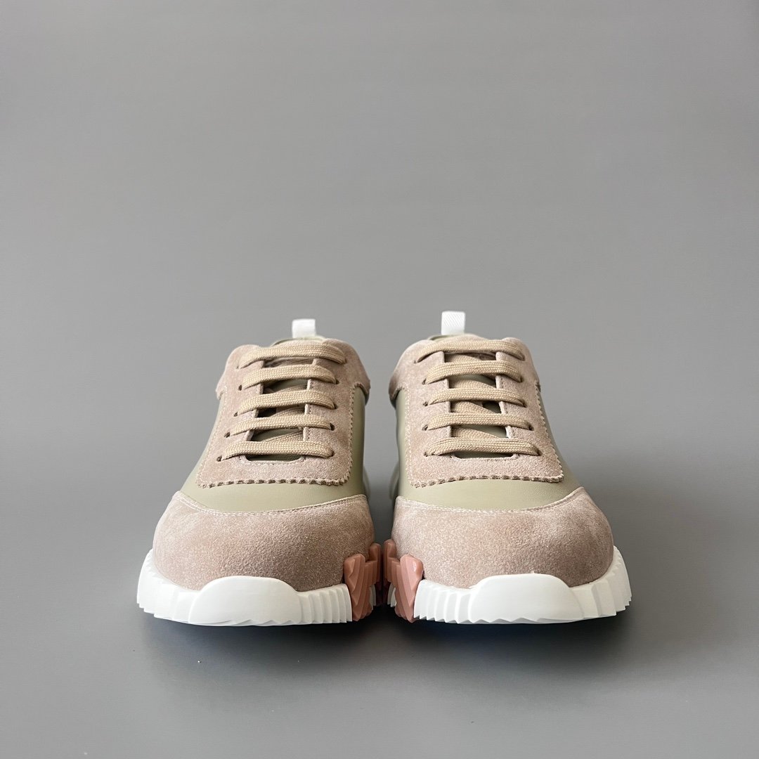 AuroraCustom Hermès Bouncing Series Leather & Technical Canvas Leisure Trainers (Sage Green & Taupe Suede Edition) - Image 2