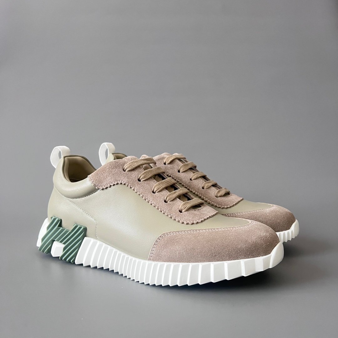 AuroraCustom Hermès Bouncing Series Leather & Technical Canvas Leisure Trainers (Sage Green & Taupe Suede Edition) - Image 3