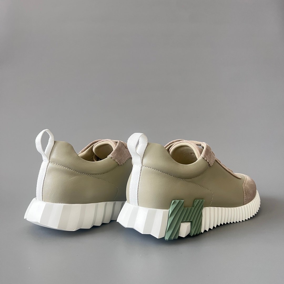 AuroraCustom Hermès Bouncing Series Leather & Technical Canvas Leisure Trainers (Sage Green & Taupe Suede Edition) - Image 4