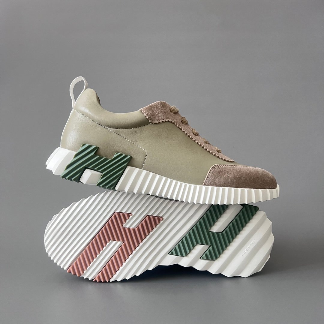 AuroraCustom Hermès Bouncing Series Leather & Technical Canvas Leisure Trainers (Sage Green & Taupe Suede Edition) - Image 6