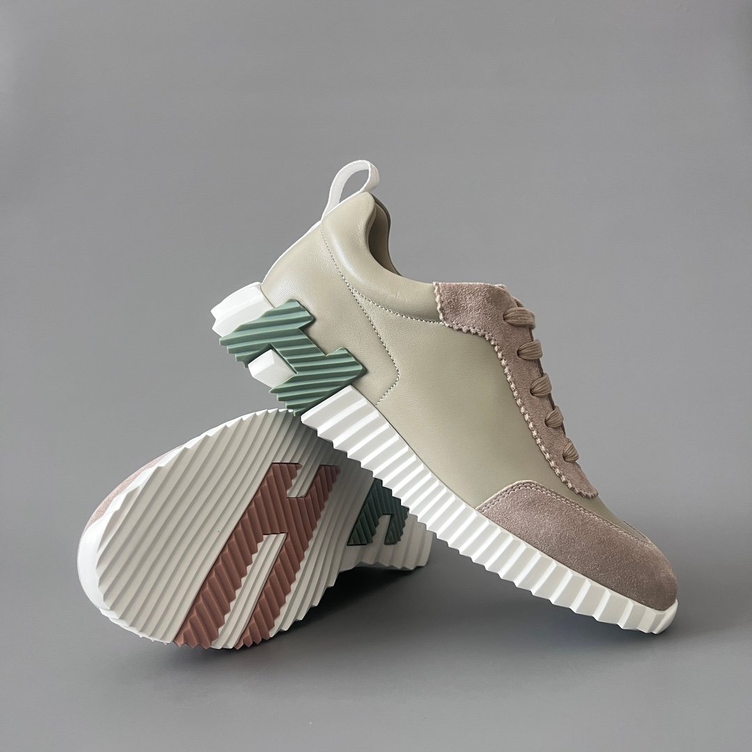AuroraCustom Hermès Bouncing Series Leather & Technical Canvas Leisure Trainers (Sage Green & Taupe Suede Edition) - Image 7