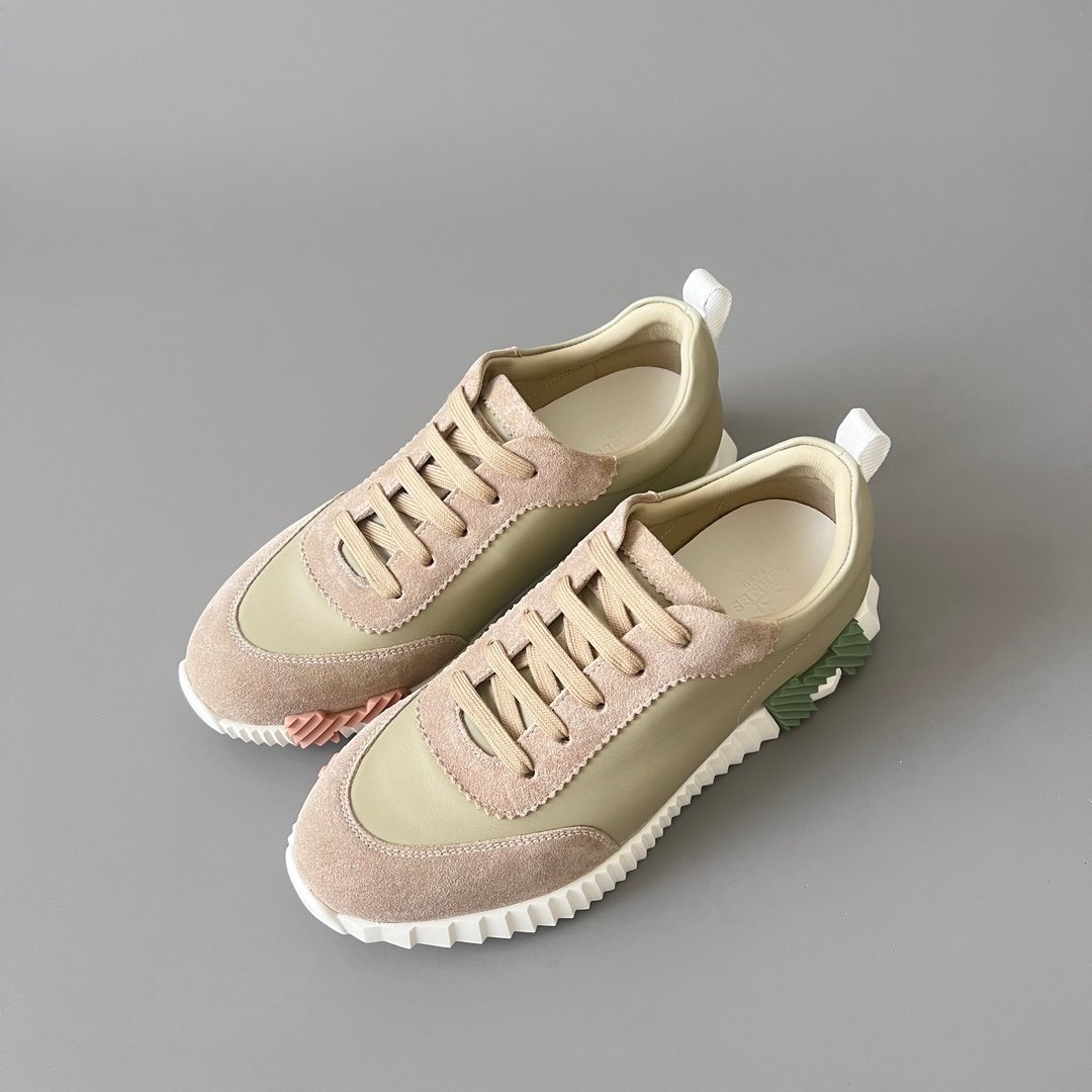 AuroraCustom Hermès Bouncing Series Leather & Technical Canvas Leisure Trainers (Sage Green & Taupe Suede Edition) - Image 8