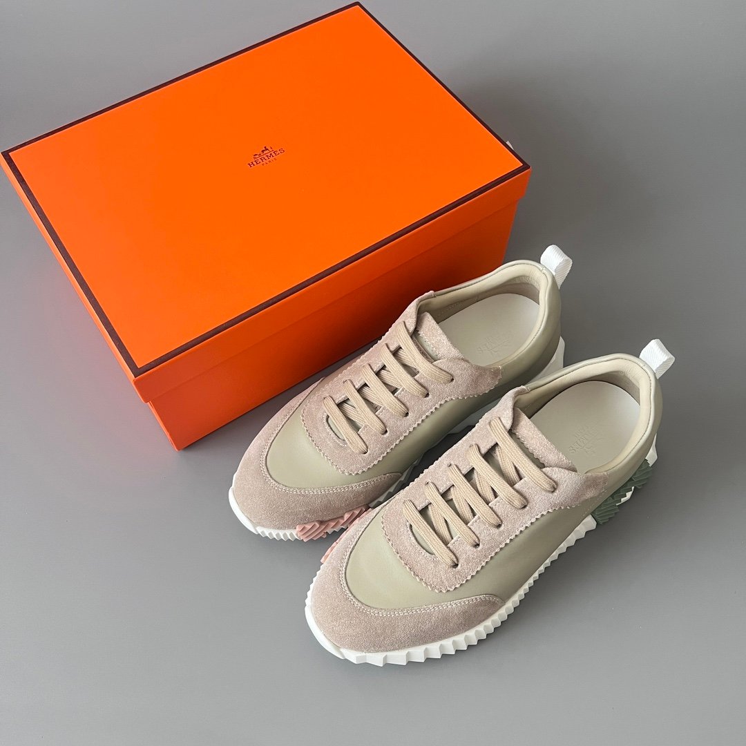 AuroraCustom Hermès Bouncing Series Leather & Technical Canvas Leisure Trainers (Sage Green & Taupe Suede Edition) - Image 9