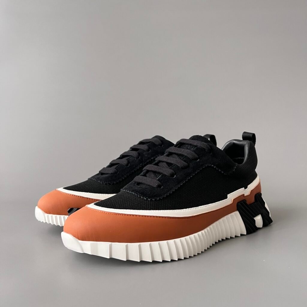 AuroraCustom Hermès Bouncing Series Leather & Technical Canvas Leisure Trainers (Caramel Brown & Obsidian Black Edition)