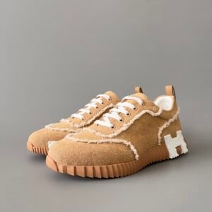 AuroraCustom Hermès Bouncing Series Frayed Edge Canvas Leisure Trainers (Khaki Sand Edition)