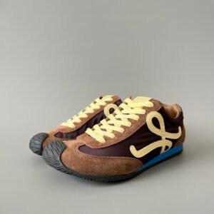 AuroraCustom Loewe Ballet Runner 2.0 Nylon & Calfskin Low-Top Sneakers (Deep Mahogany Brown, Caramel Suede & Contrast Pastel Yellow Anagram Edition)
