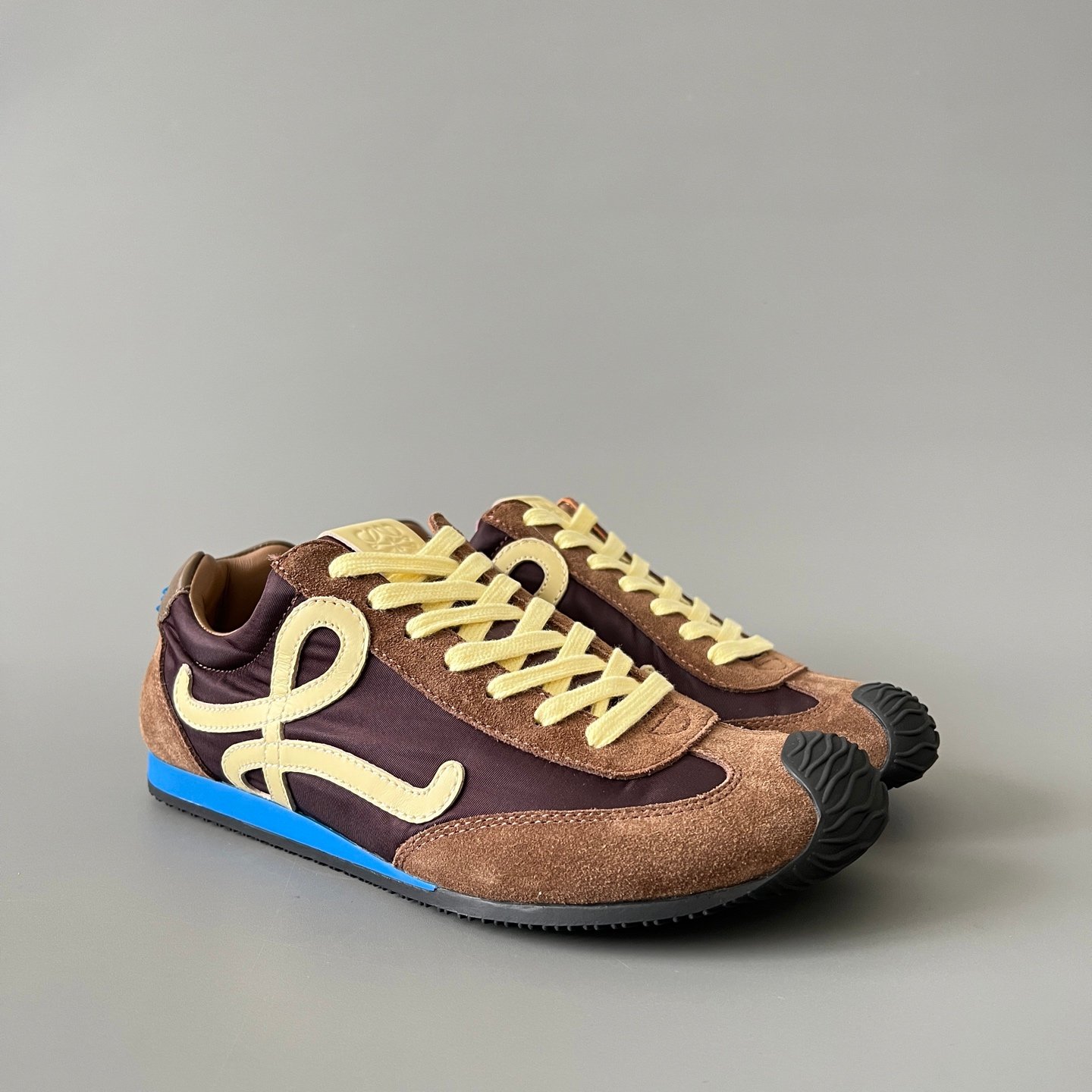 AuroraCustom Loewe Ballet Runner 2.0 Nylon & Calfskin Low-Top Sneakers (Deep Mahogany Brown, Caramel Suede & Contrast Pastel Yellow Anagram Edition) - Image 3
