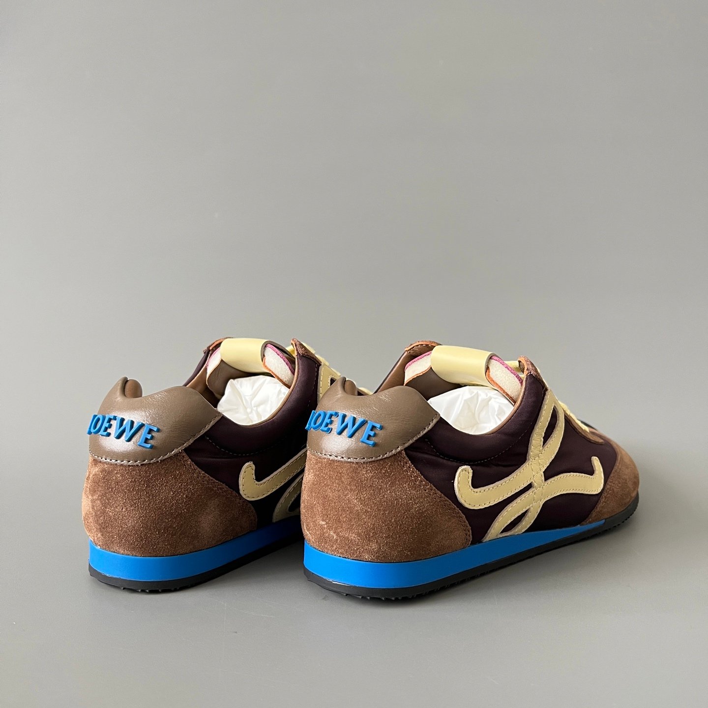 AuroraCustom Loewe Ballet Runner 2.0 Nylon & Calfskin Low-Top Sneakers (Deep Mahogany Brown, Caramel Suede & Contrast Pastel Yellow Anagram Edition) - Image 4