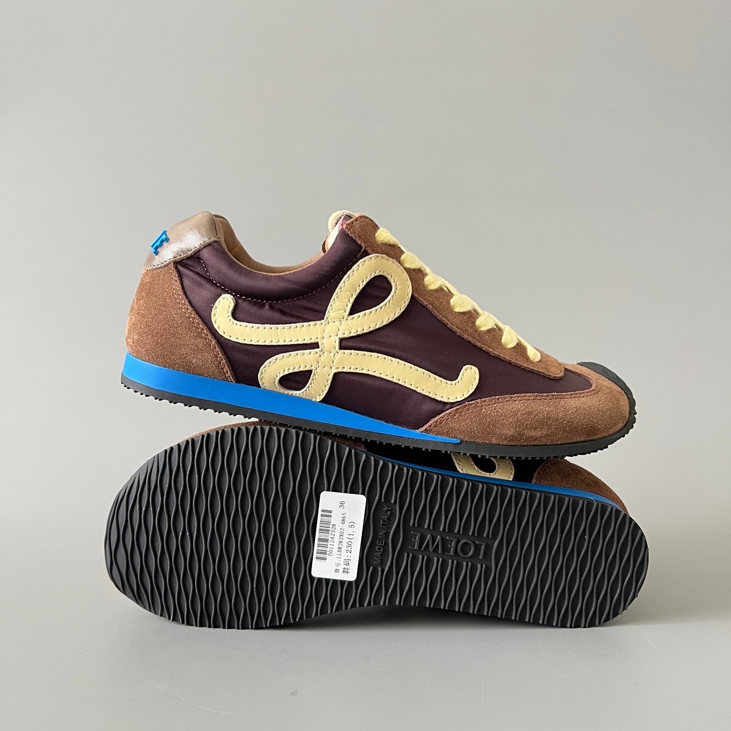 AuroraCustom Loewe Ballet Runner 2.0 Nylon & Calfskin Low-Top Sneakers (Deep Mahogany Brown, Caramel Suede & Contrast Pastel Yellow Anagram Edition) - Image 6