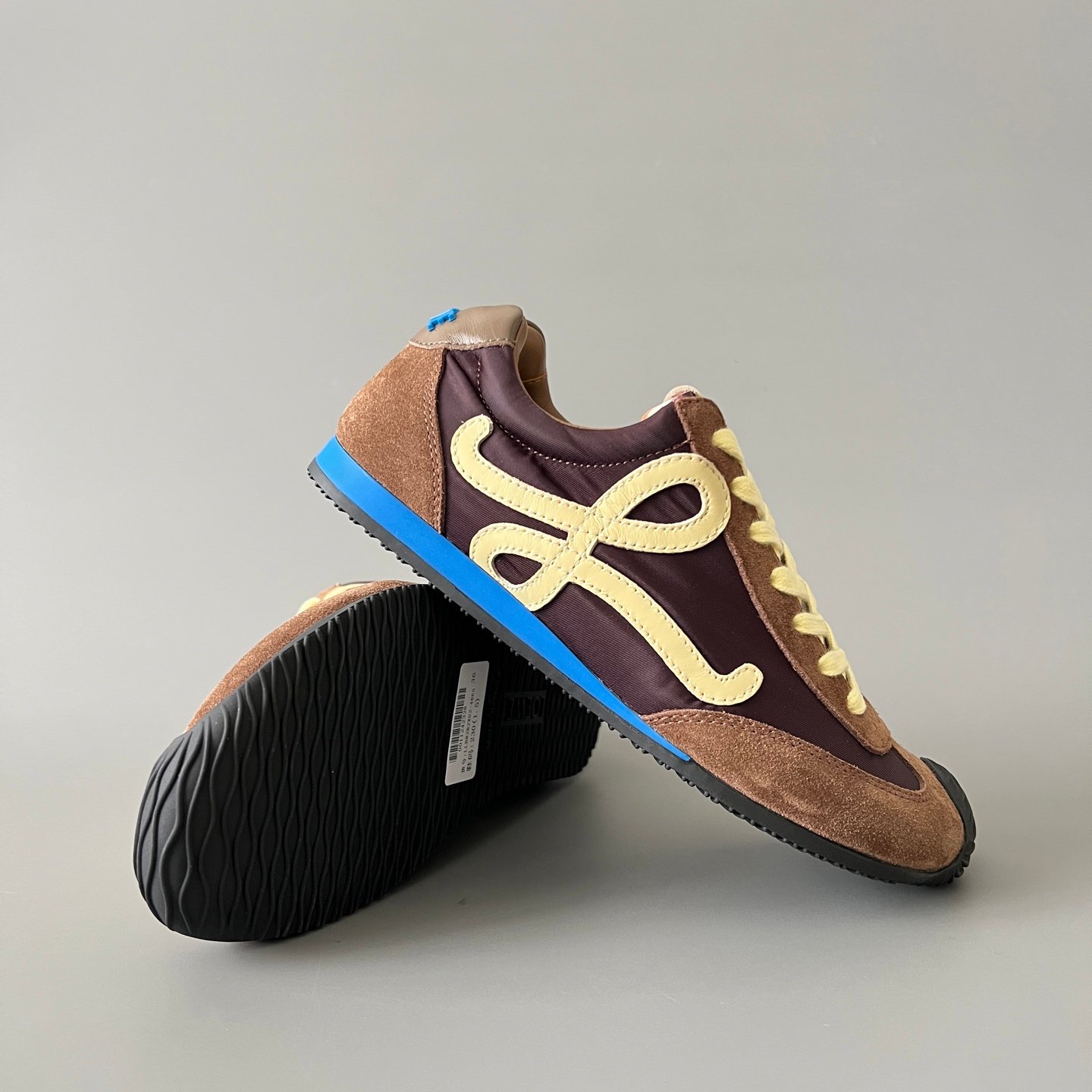 AuroraCustom Loewe Ballet Runner 2.0 Nylon & Calfskin Low-Top Sneakers (Deep Mahogany Brown, Caramel Suede & Contrast Pastel Yellow Anagram Edition) - Image 7