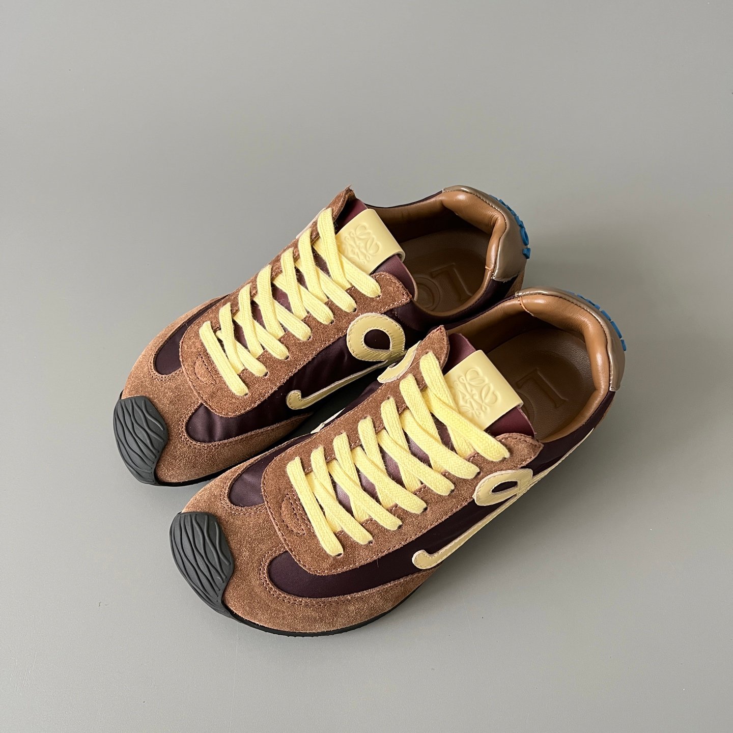 AuroraCustom Loewe Ballet Runner 2.0 Nylon & Calfskin Low-Top Sneakers (Deep Mahogany Brown, Caramel Suede & Contrast Pastel Yellow Anagram Edition) - Image 8