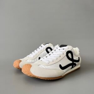 AuroraCustom Loewe Ballet Runner 2.0 Nylon & Calfskin Low-Top Sneakers (Pristine White, Warm Ecru Suede & Contrast Black Anagram Edition)